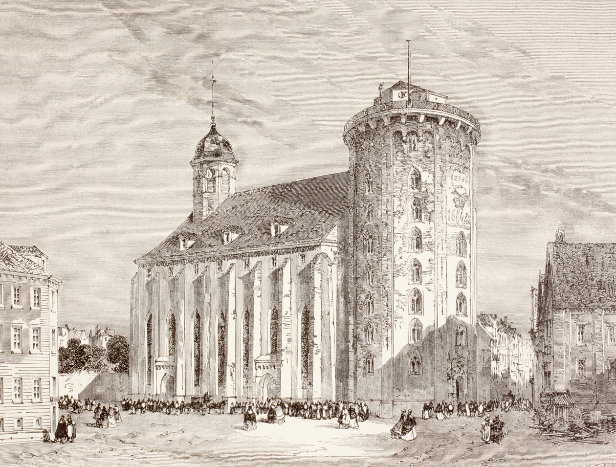 Rundetarn eli pyöreä torni Kööpenhaminassa, Tanskassa 1800-luvulla (litho) tekijältä English School
