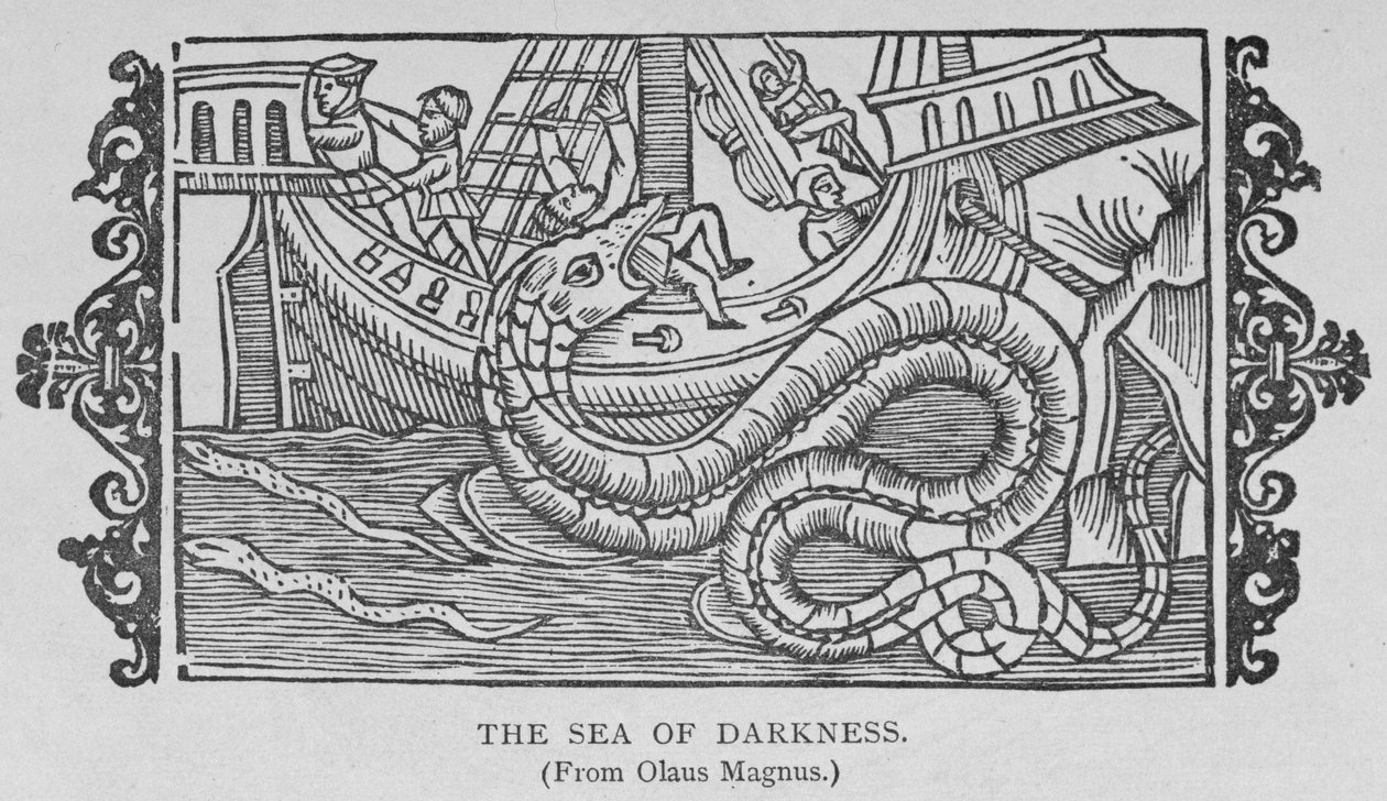 The Sea of Darkness, Olaus Magnuksen (1490-1557) kirjasta, julkaisusta "Narrative and Critical History of America", pub. vuonna 1889 tekijältä English School