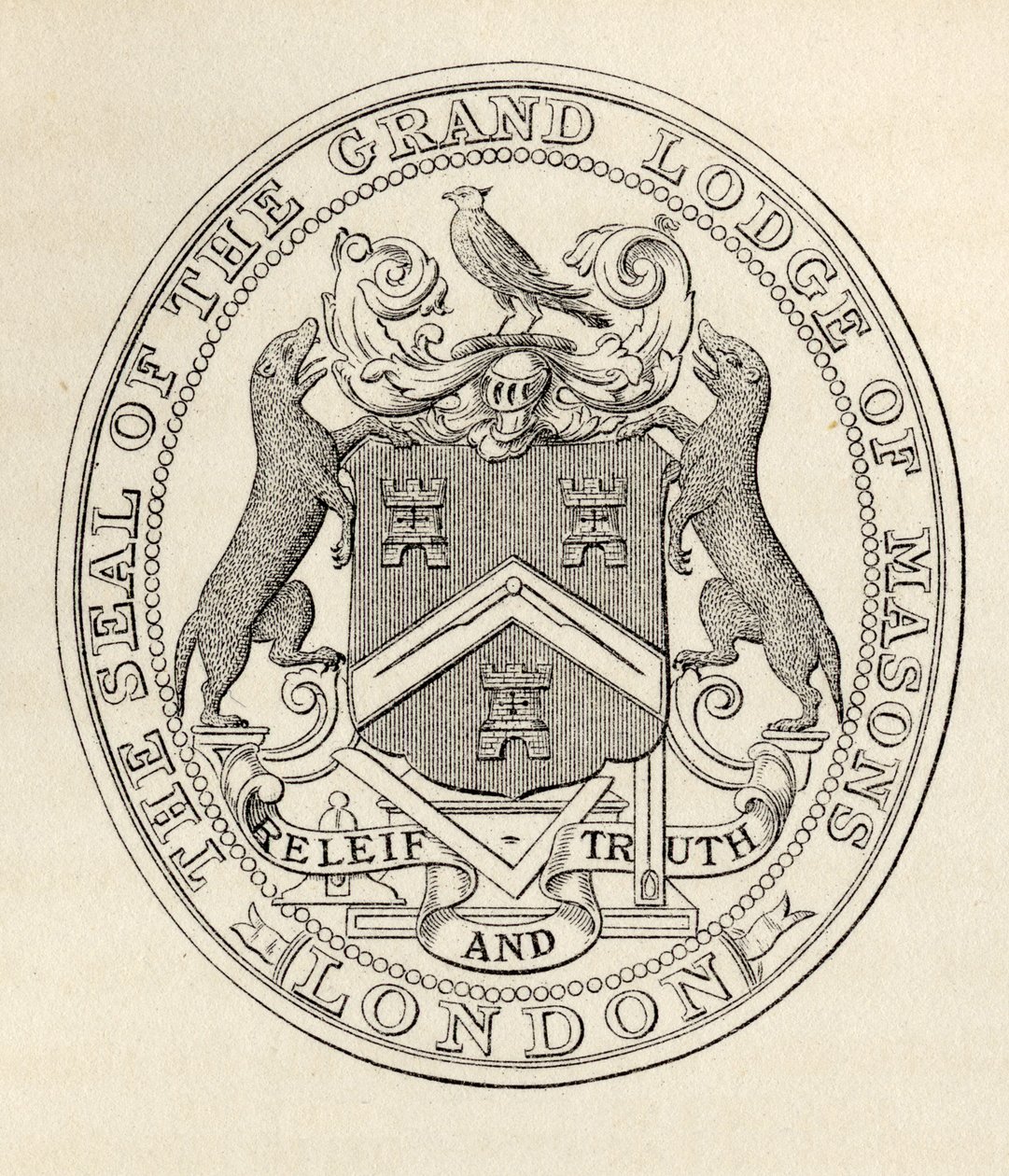 The Seal of the Grand Lodge of Masons, Lontoo, ennen vuotta 1813, julkaisusta "The History of Freemasonry, osa II", julkaisija Thomas C. Jack, Lontoo, 1883 tekijältä English School