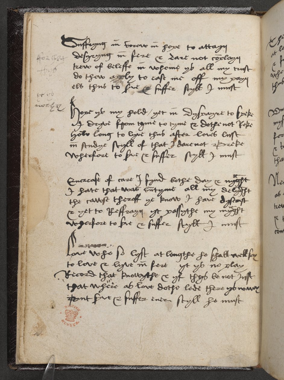 Sheltunin akrostikki, Devonshiren käsikirjoituksesta, Add MS 17492, f.6v (kynällä ja tussilla paperille). tekijältä English School