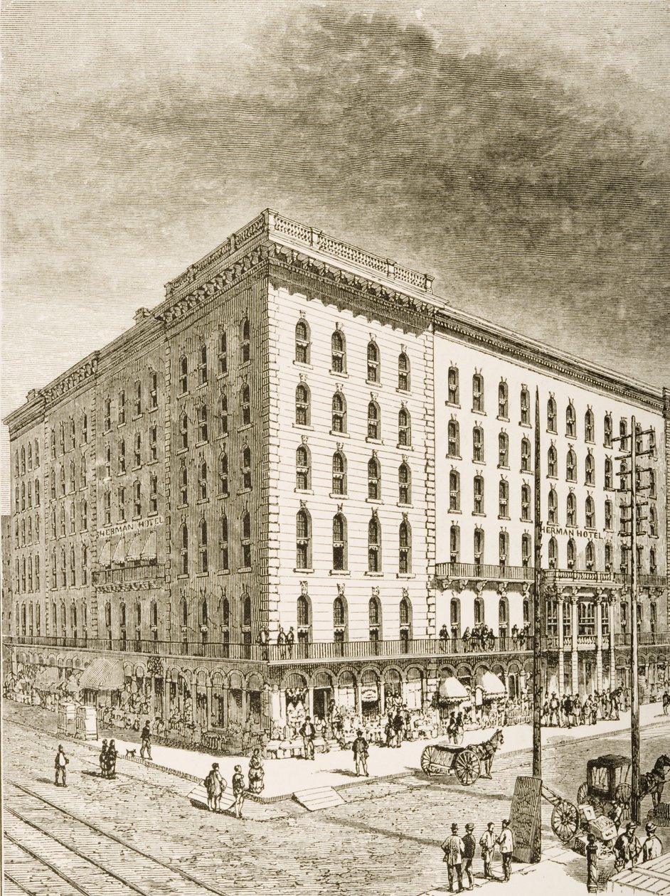 The Sherman Hotel, Chicago, noin 1870, Religious Tract Societyn julkaisemasta American Picturesista, 1876 tekijältä English School