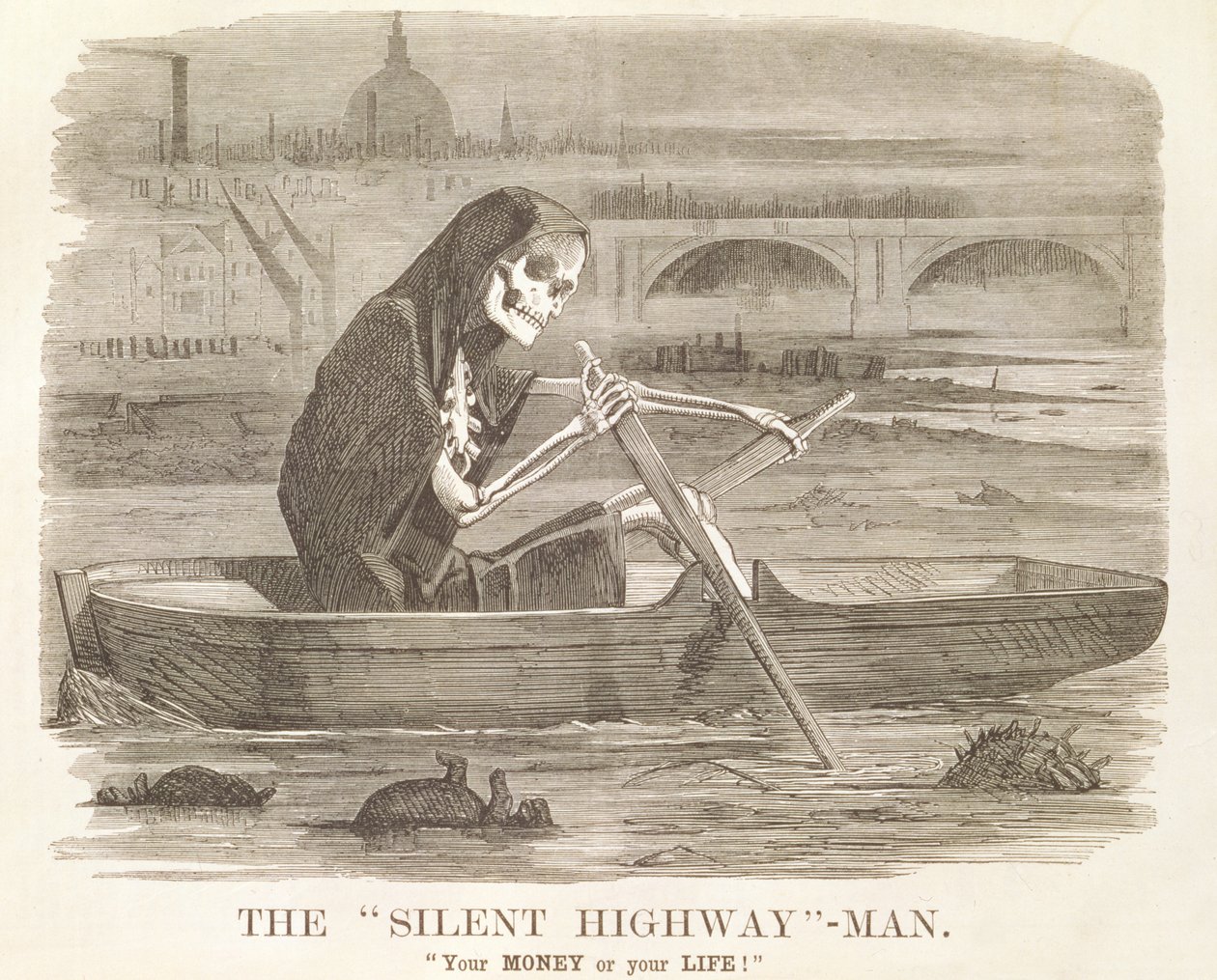 "Silent Highway" -mies, "Sinun rahasi tai elämäsi", sarjakuva "Punch, or the London Charivari", 10. heinäkuuta 1858 tekijältä English School