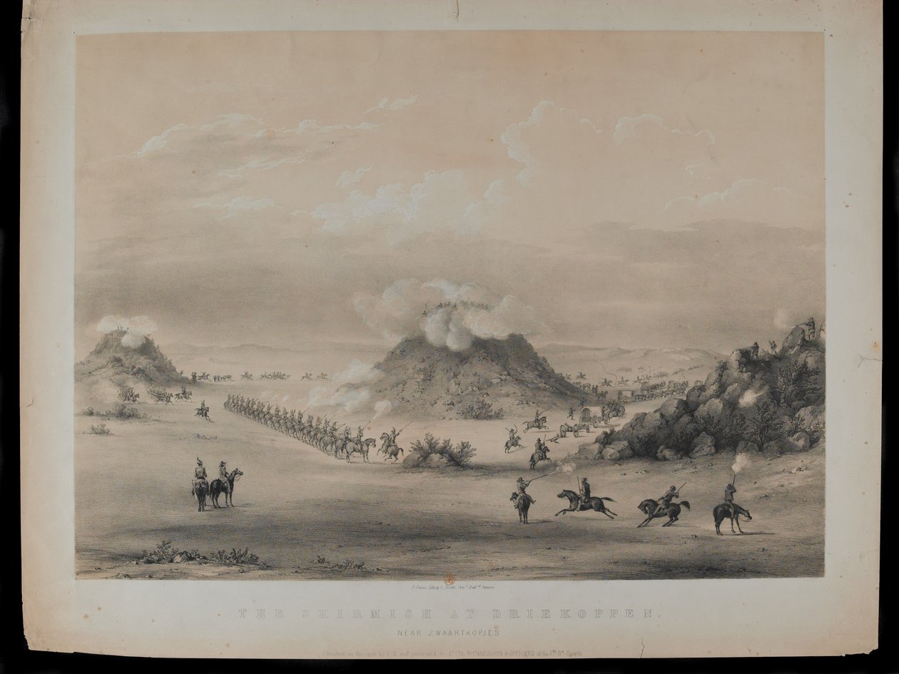 Taistelu Driekoppenissa, lähellä Zwaartkopjesia, 1845, kaiverrus Paul Gauci (1834-66), julkaistu n. 1845 tekijältä English School