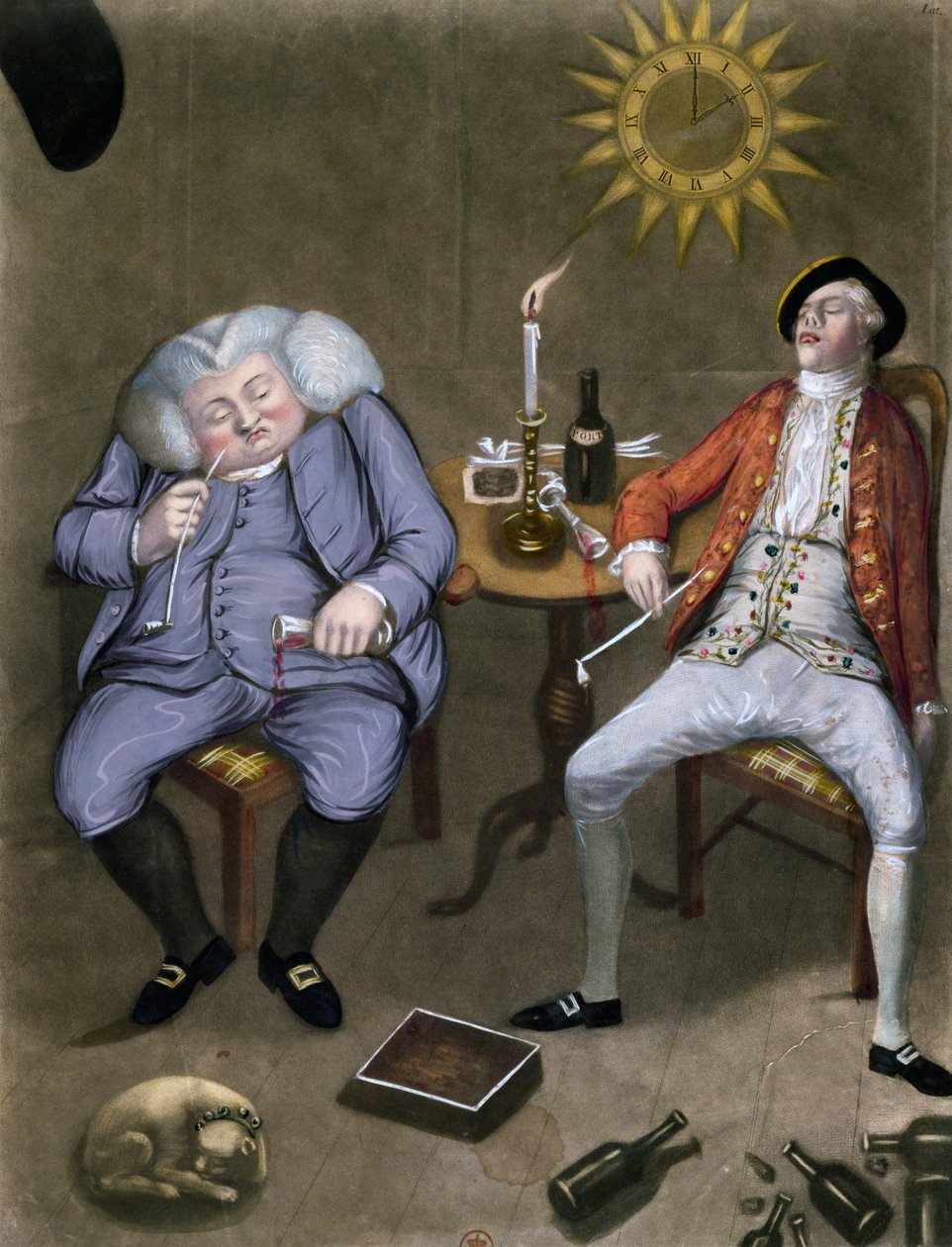 The Solid Enjoyment of Bottle and Friend, 1774 (väri litho korotettu guassilla) tekijältä English School