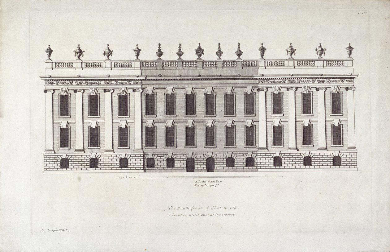 "Chatsworthin etelärintama", kuvitus Colen Campbellin teoksesta "Vitruvius Britannicus or The British Architect" (kaiverrus) tekijältä English School