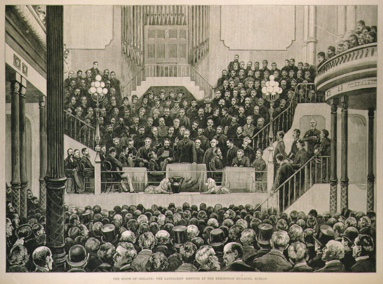 Irlannin osavaltio: Vuokranantajat kokoontuvat näyttelyrakennuksessa Dublinissa, The Illustrated London News, 14. tammikuuta 1882 tekijältä English School