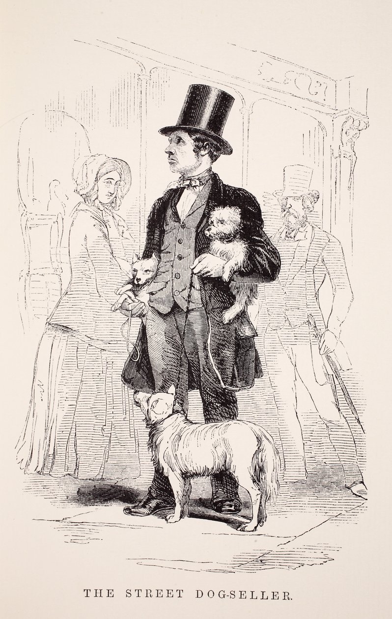 The Street Dog-Seller, kuvitus London Laborista ja London Poorista Henry Mayhew, pubi. 1862 tekijältä English School