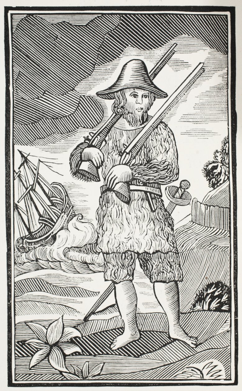Robinson Crusoen yllättävä elämä ja omituisimmat seikkailut Yorkin kaupungista, Mariner, kuvitus John Ashtonin kirjasta Chap-books of the Eightenth Century, pubi. 1882 tekijältä English School