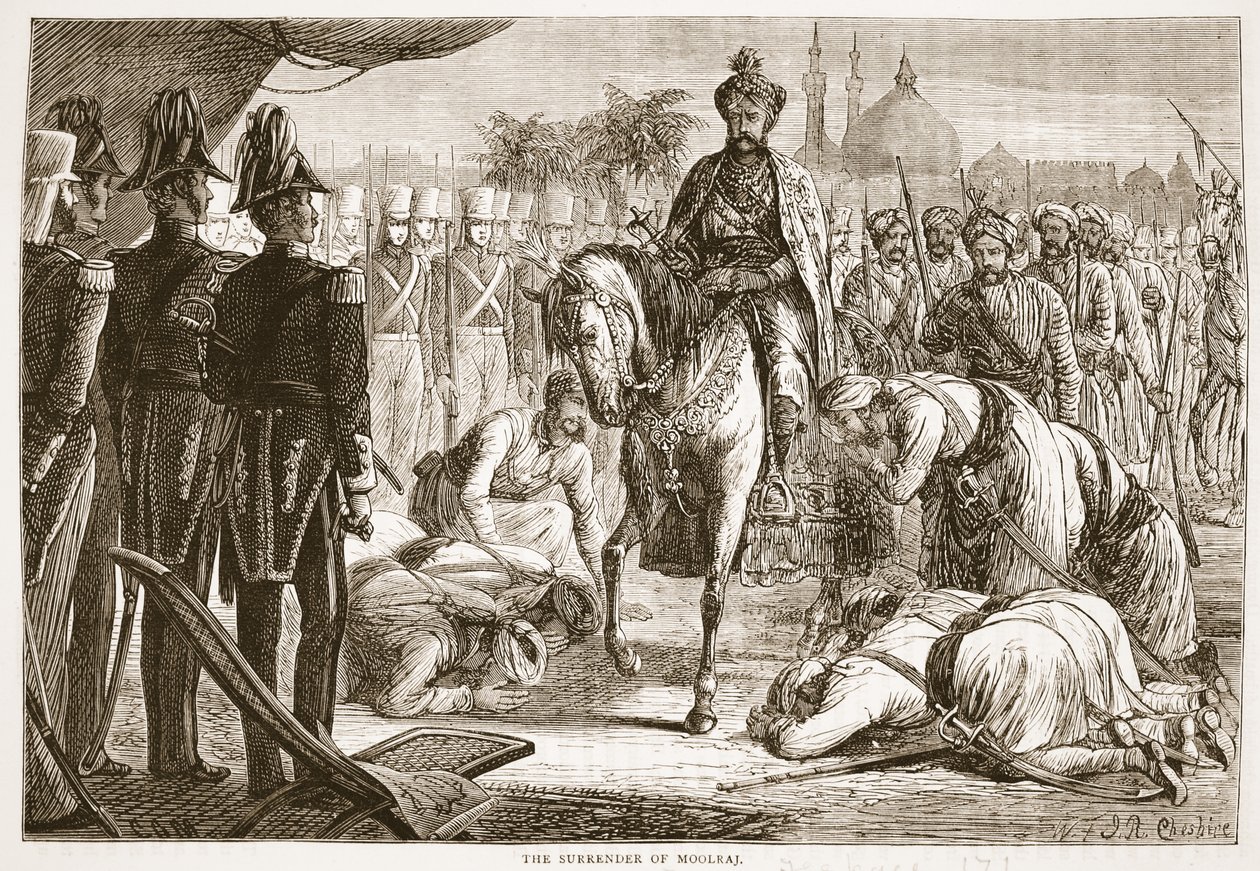 Moolrajin antautuminen, kuvitus Cassells Illustrated History of Englandista tekijältä English School