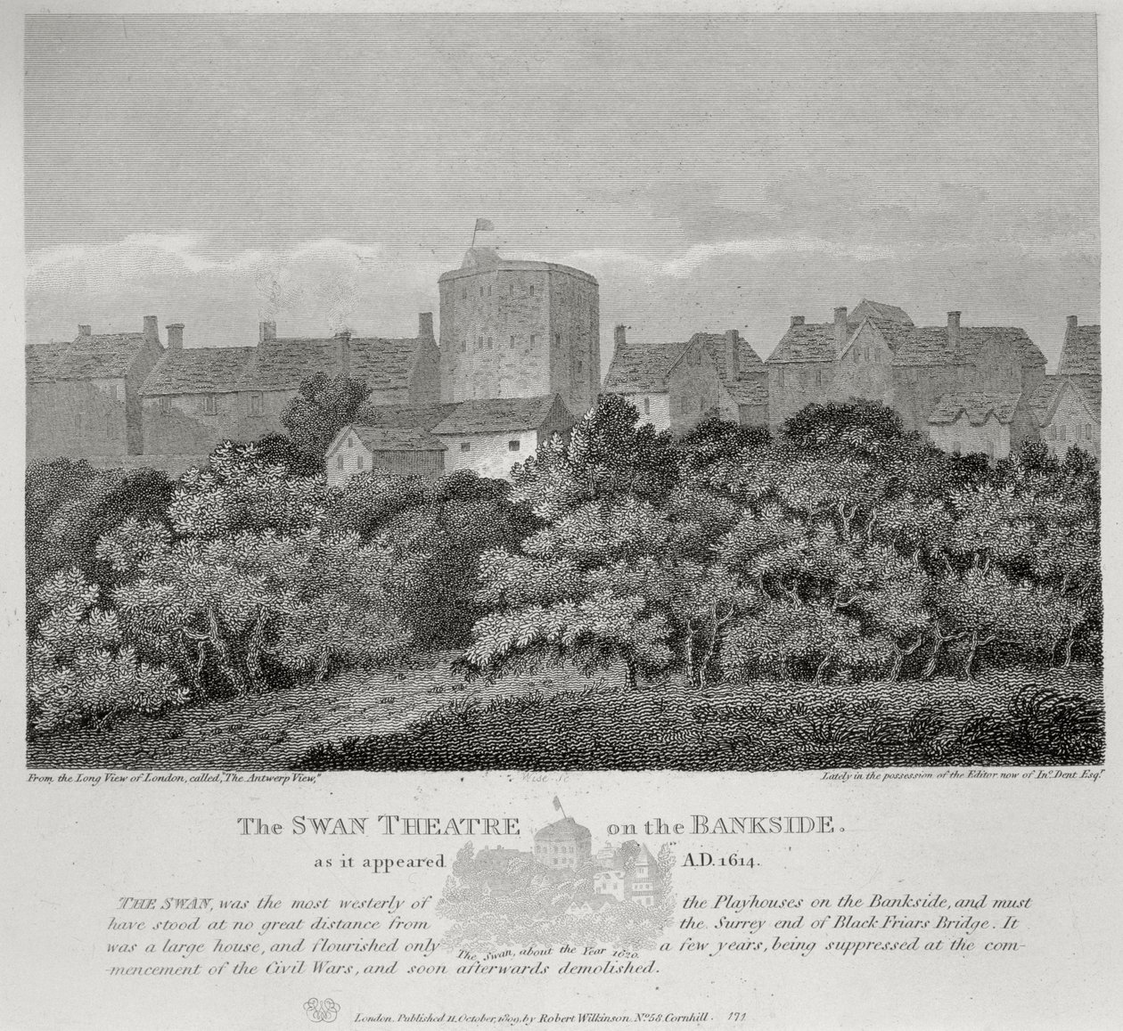 The Swan Theatre on the Bankside sellaisena kuin se ilmestyi vuonna 1614, julkaistiin 1809 tekijältä English School
