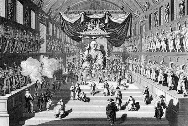 Kymmenentuhannen epäjumalan temppeli Japanissa, kaiverrus A. Thorn, julkaisusta "World Religion", julkaisija A. Fullarton & Co. tekijältä English School
