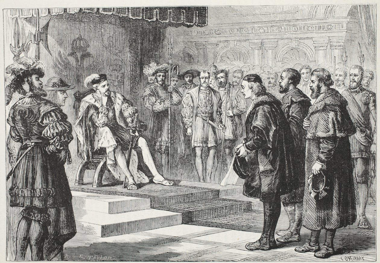 Kolme protestanttista suurlähettiläätä keisari Kaarlen edessä, kuvitus James Aitken Wylien (1808-1890) teoksesta The History of Protestantism, pub. 1878 tekijältä English School