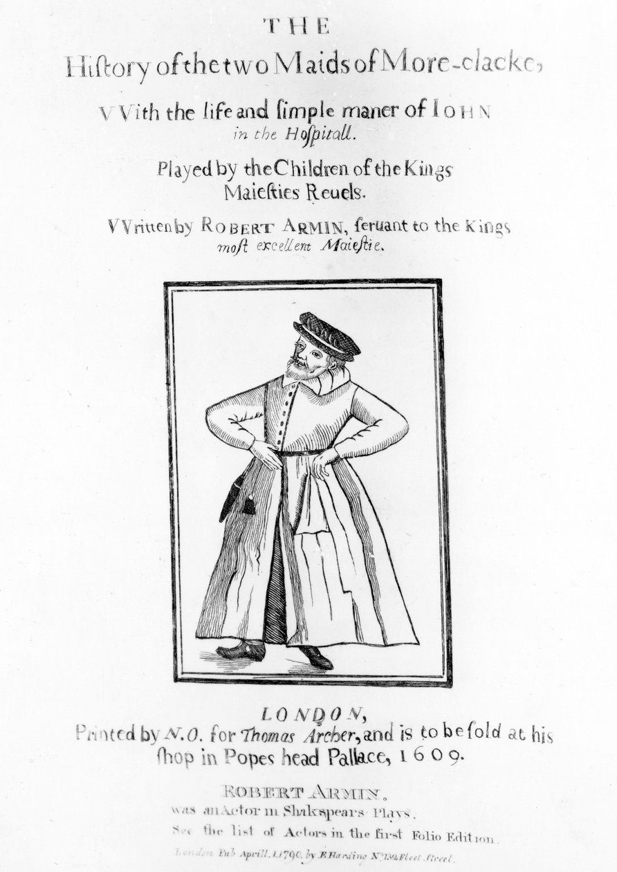 Nimisivu Robert Arminin teokseen The History of the Two Maids of More-clarke, 1609 tekijältä English School