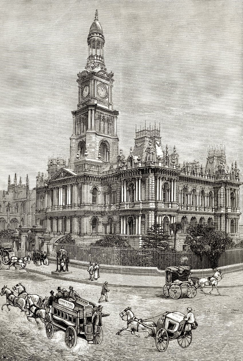 The Town Hall, Sydney, n. 1880, Howard Willoughbyn "Australian Pictures" -julkaisusta, julkaisija Religious Tract Society, Lontoo, 1886 tekijältä English School