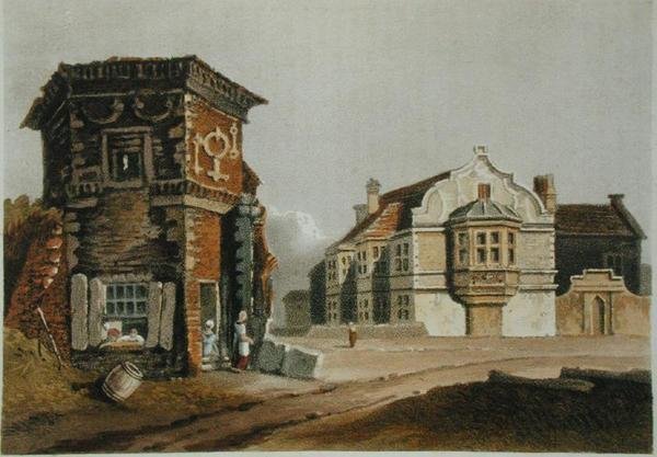 The Treaty House, Uxbridge, Ackermannin "Arkisto taide", julkaistu 1800-luvun alussa (värilitho) tekijältä English School