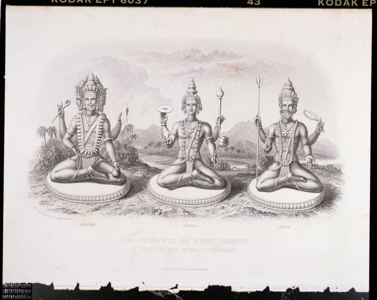 Trimurti tai Hindu Trinity, kaiverrus A. Thorn, World Religion, julkaisija A. Fullarton & Co. tekijältä English School
