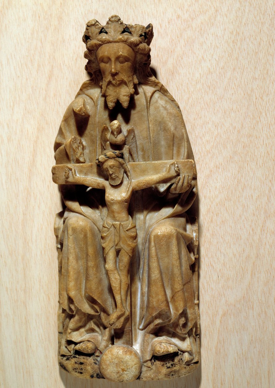 Kolminaisuusjumala kiusasi poikaansa Jeesusta ristillä. Englannin koulun albatre-veistos. 1400-luvun Pariisi, Keskiajan kansallismuseo, Thermes de Cluny tekijältä English School