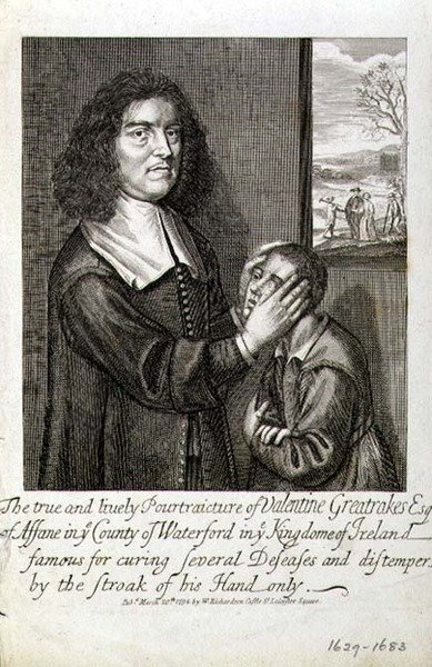 Todellinen ja elävä karikatyyri Valentine Greatrakes Esq. (1629-1683) pub. kirjoittanut W. Richardson, Lontoo tekijältä English School