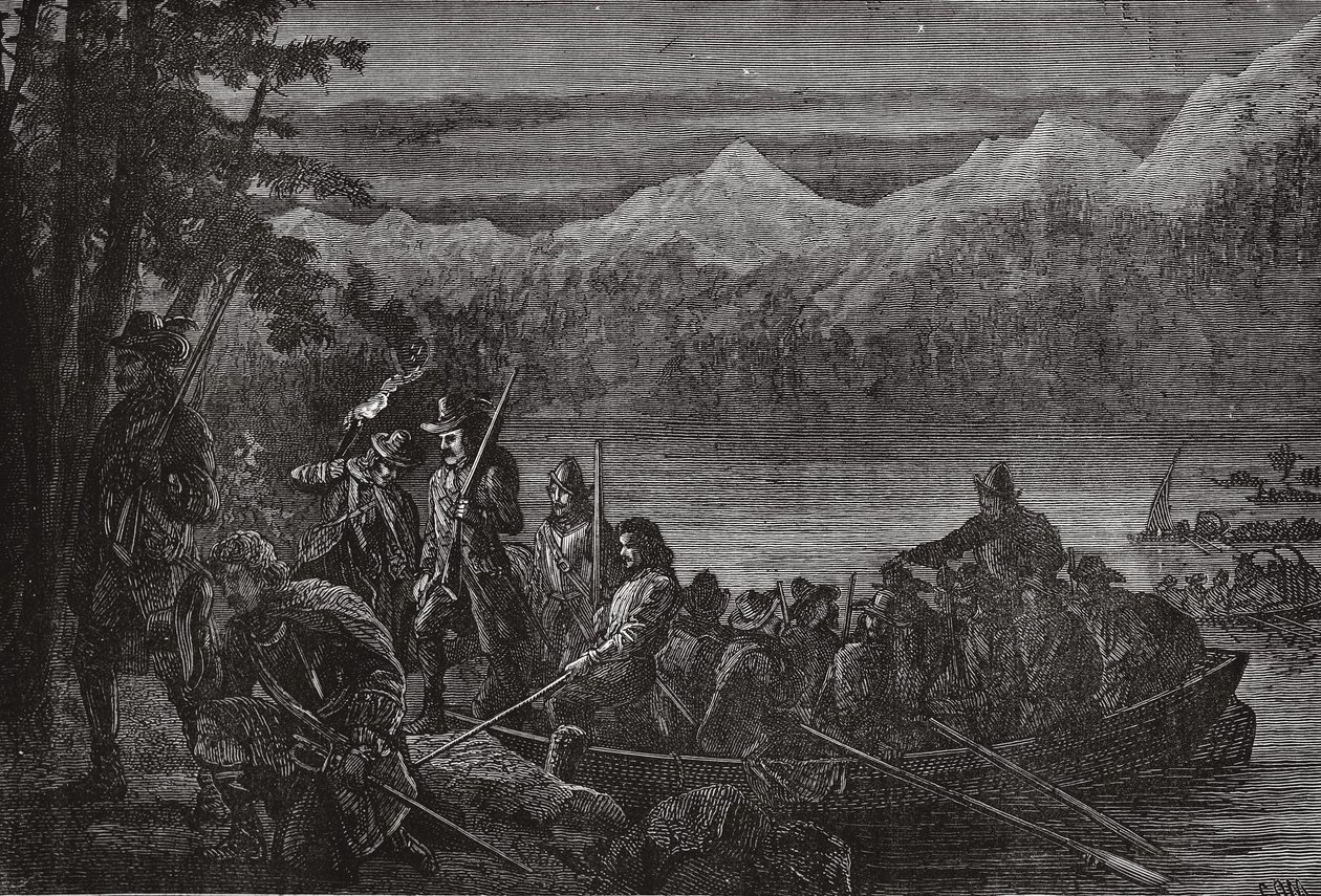 Vaudois ylittää Leman-järven yöllä, kuvitus James Aitken Wylien (1808-1890) teoksesta The History of Protestantism, pub. 1878 tekijältä English School