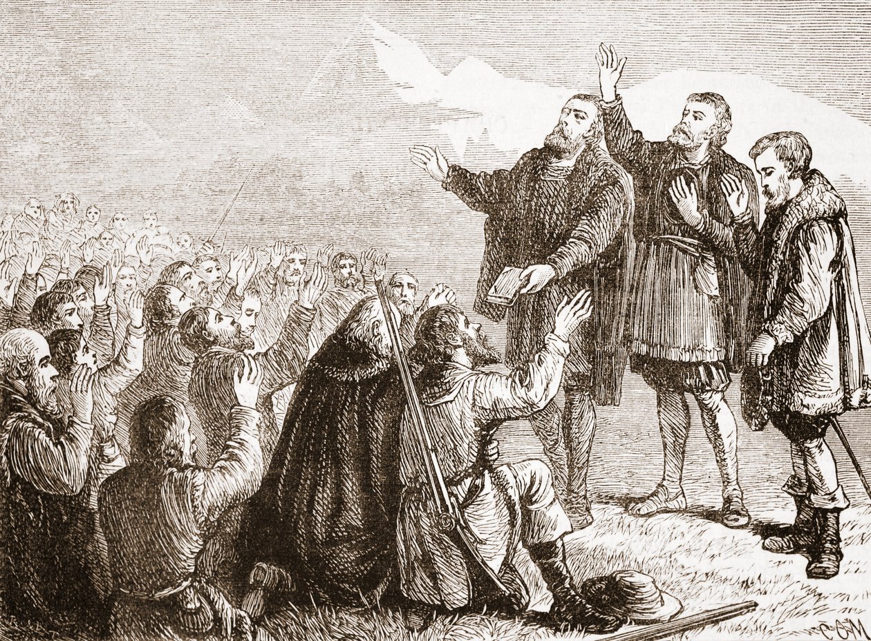 Vaudoit vannomassa valansa, kuvitus James Aitken Wylien (1808-1890) teoksesta The History of Protestantism, pub. 1878 tekijältä English School