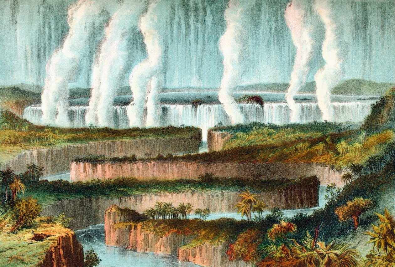 Victorian putoukset tai Mosi-oa-Tunya, Zambezi-joki, Zimbabwe, Etelä-Afrikka 1800-luvulla. The Life and Explorations of Dr. Livingstone julkaistu n.1875. tekijältä English School