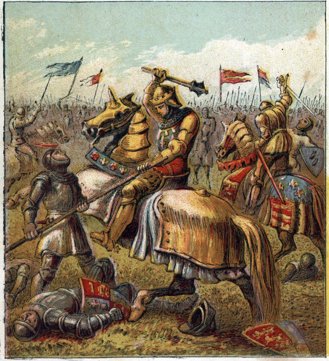 Kahden ruusun sota (1455-1485): Taistelu Yorkin kuninkaallisen talon ja Lancasterin kuninkaallisen vapaamuurarin välillä. Kuva Englannin sisällissodasta, joka syntyi kuningas Edward III:n (1327-1377) seuraajien jakamisesta kahteen haaraan. Rosin sota tekijältä English School