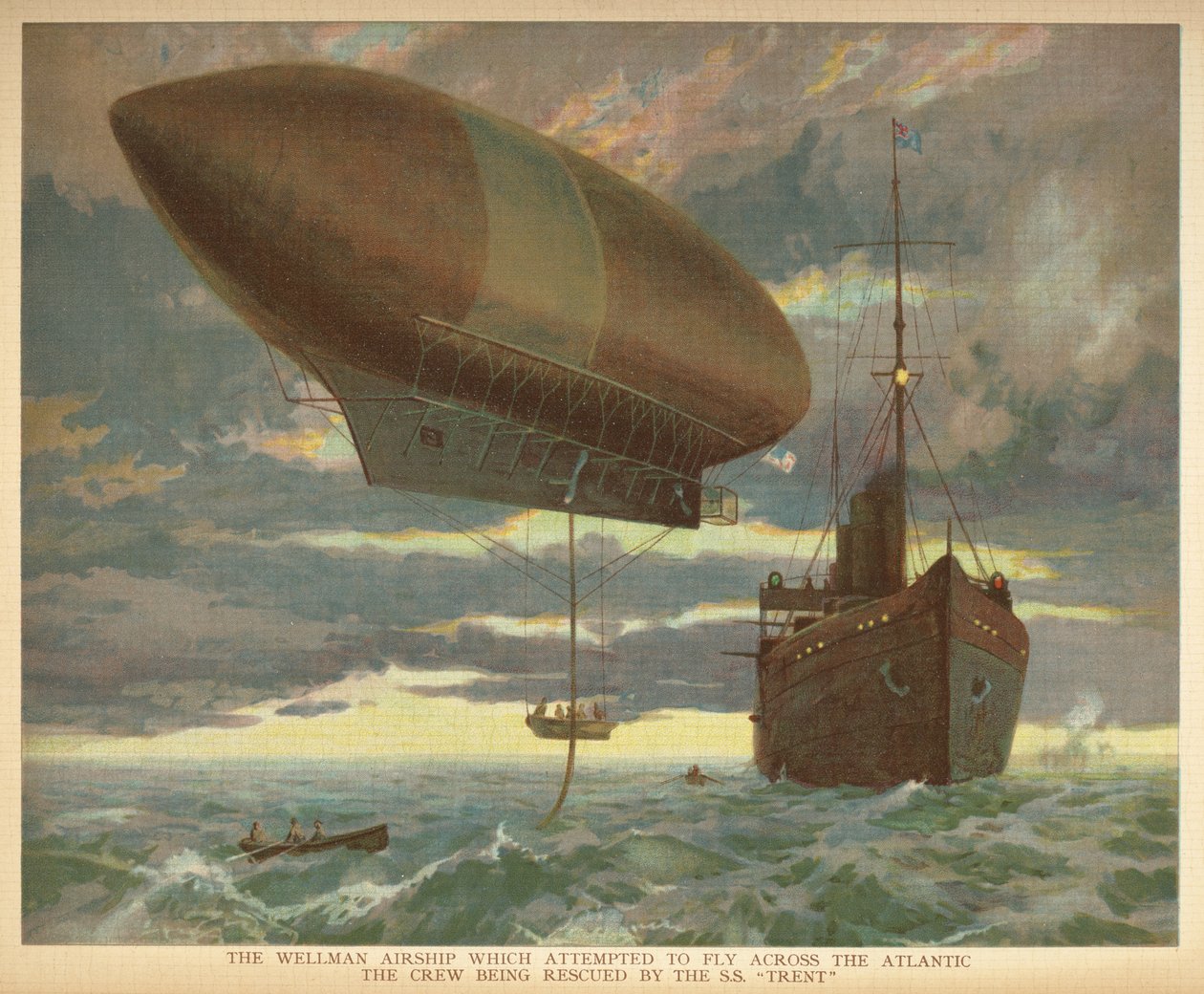 "Wellman-ilmalaiva, joka yritti lentää Atlantin yli, ja miehistön pelasti S.S. "Trent". Pienten ihmisten ilmalaivojen kirja. Lontoo: Ernest Nister, [1912] tekijältä English School
