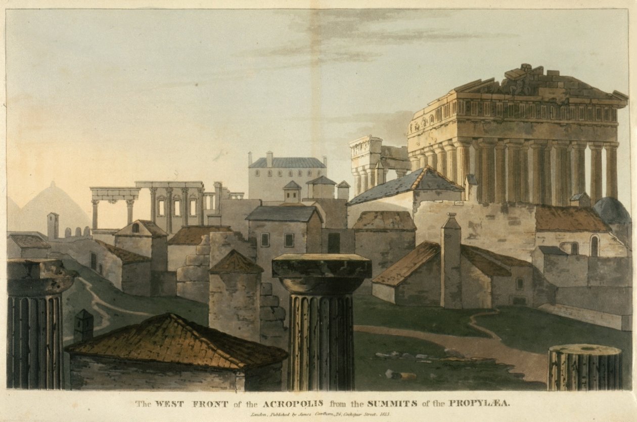 Akropoliksen länsirintama Propylean huipuilta, kuva J.C. Hobhousen teoksesta "Matka Albanian ja muiden provinssien halki...Konstantinopoliin vuosina 1809-1810" tekijältä English School