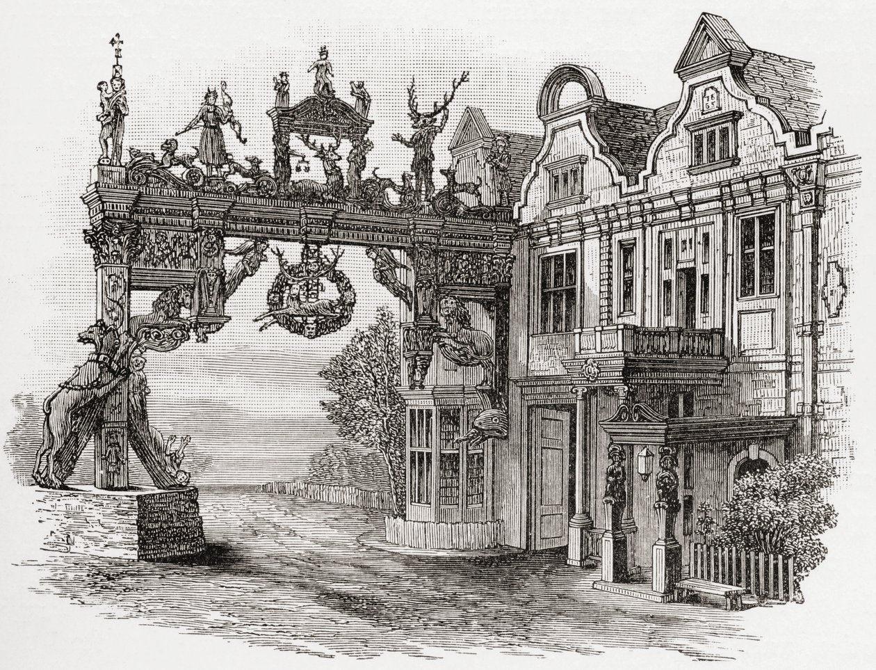The White Hart Inn, Scole, Norfolk 1600-luvulla, J. R. Greenin teoksesta A Short History of the English People, julkaistu 1893 tekijältä English School