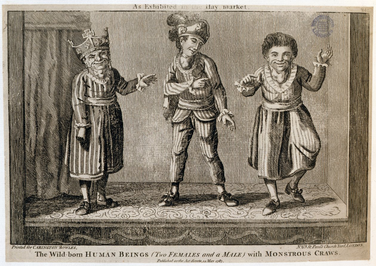 The Wild-Born Ihmisolennot (kaksi naarasta ja yksi mies) hirviömäisillä raivoilla, kuten Haymarketissa, painettu Carington Bowlesille, 1787 tekijältä English School