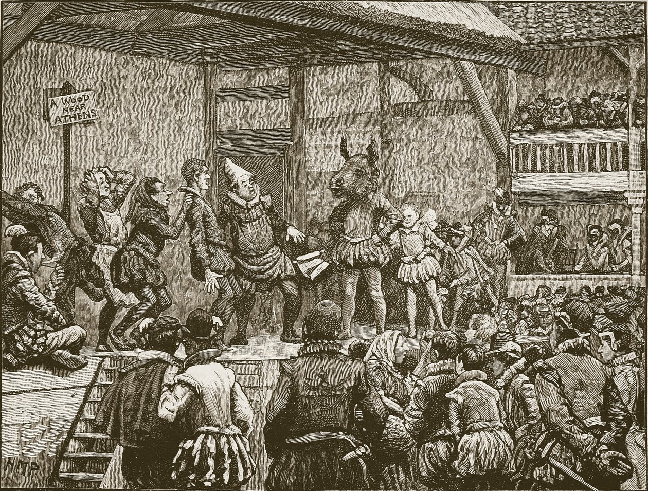 Yhden Shakespearen näytelmän näytteleminen kuningatar Elisabetin aikana, kuvitus Cassellin Englannin kuvitetusta historiasta (seepiakuva) tekijältä English School