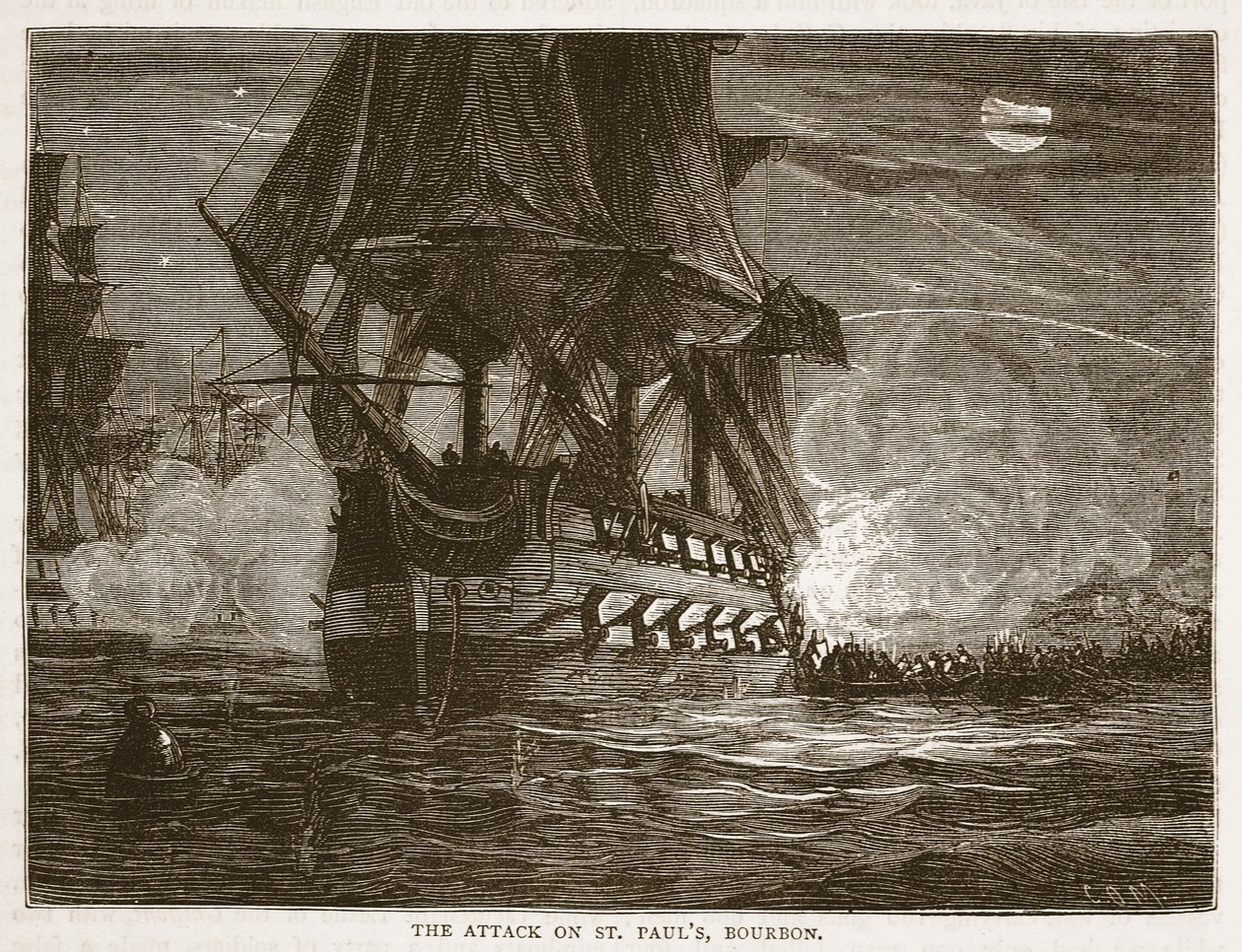 Hyökkäys St Paulsia vastaan Bourbonissa, kuvitus James Grantin Cassells Illustrated History of India -julkaisusta, pubi. 1879 tekijältä English School