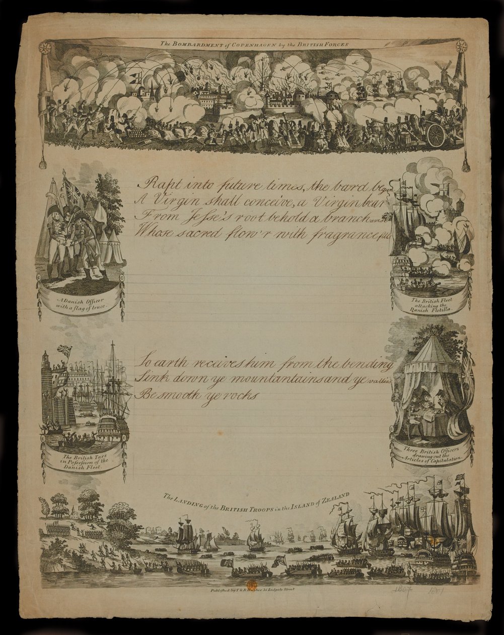 Brittiläisten joukkojen Kööpenhaminan pommitukset ja Brittijoukkojen laskeutuminen Seelannin saarelle, julkaisijat T. ja R. Hughes vuonna 1807 tekijältä English School
