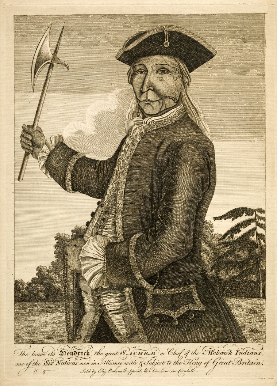 Urhea vanha Hendrick Suuri Sachem eli mohawk-intiaanien päällikkö, pub. 1755 (kaiverrus) tekijältä English School