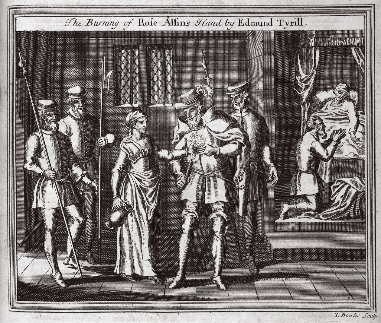 Edmund Tyrillin Rose Allinsin käden polttaminen, kuvitus teoksesta Foxes Martyrs n. 1703 tekijältä English School
