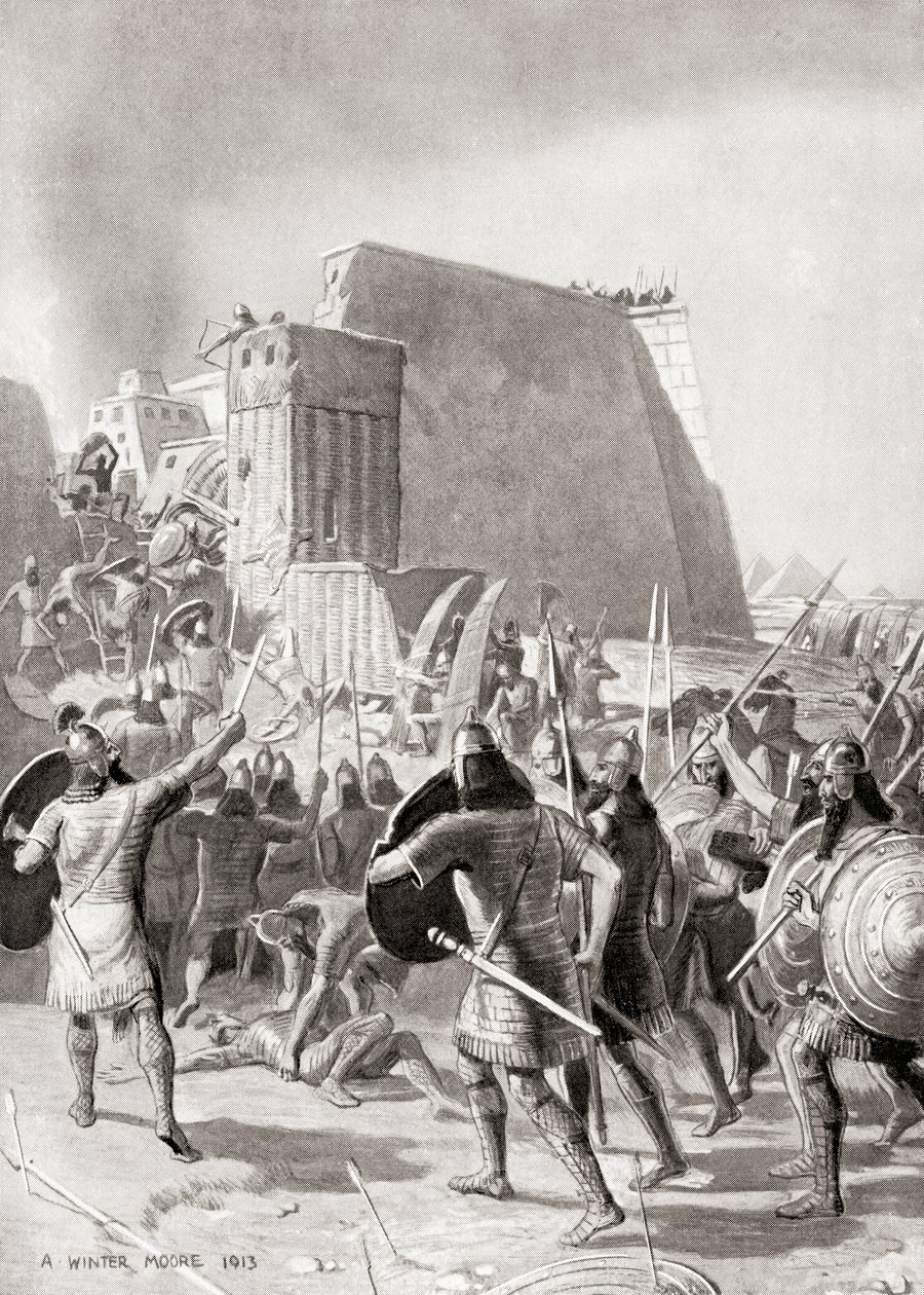 Assyrian kuningas Esarhaddon valloitti Egyptin Memphisin vuonna 671 eKr. Hutchinsonin kansojen historiasta, pub.1915 tekijältä English School