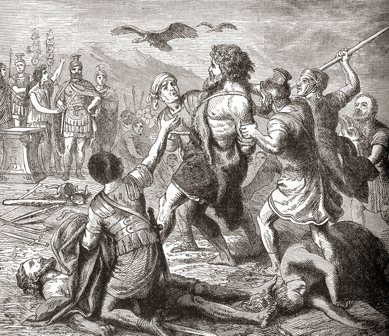 Legendaarisen jättiläisen ja teutonien kuninkaan Teutobochuksen vangitseminen Ward and Lockin Illustrated History of the World -pubista. noin 1882 tekijältä English School