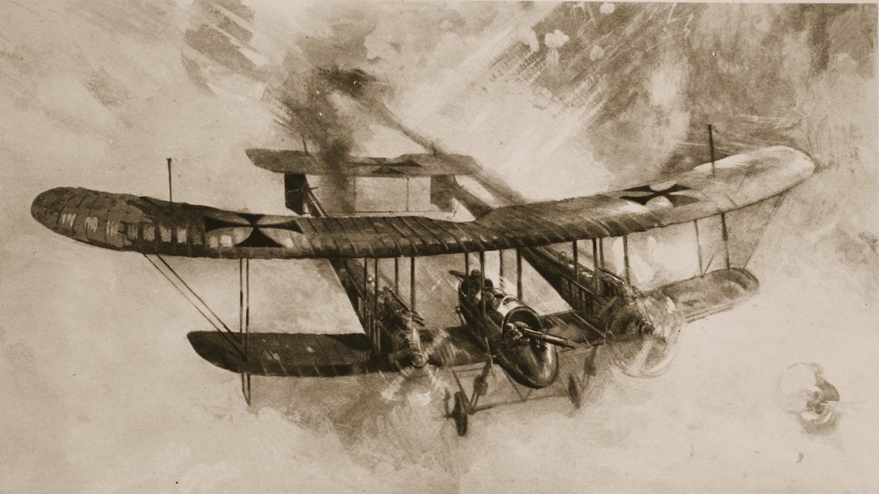 Suuren taistelulentokoneen tulo: kaksinkertainen saksalainen kaksitaso, johon brittiläiset lentäjät ovat ryhtyneet, The Illustrated War Newsista tekijältä English School