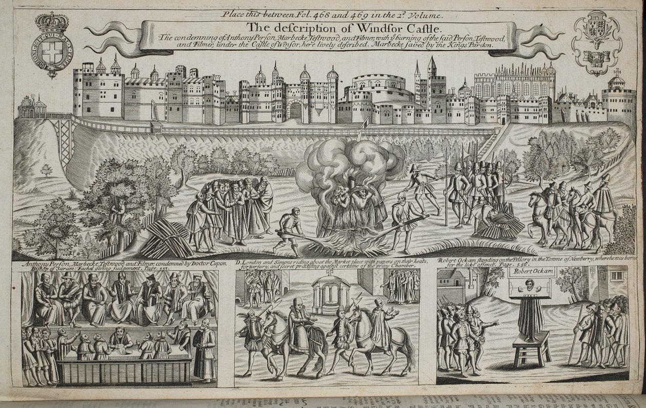 Windsorin linnan kuvaus, kuvitus John Foxen teoksista Apostolit ja monumentit, yhdeksäs painos, pubi. 1684 tekijältä English School