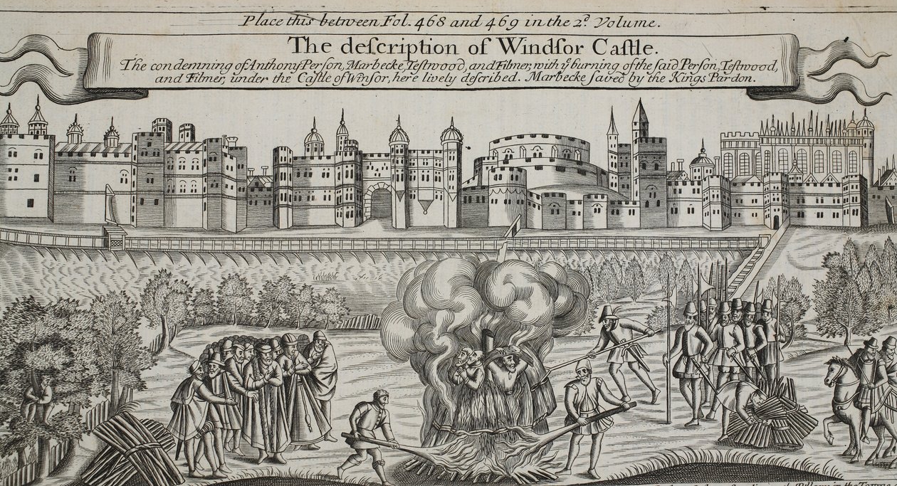 Windsorin linnan kuvaus, kuvitus John Foxen teoksista Apostolit ja monumentit, yhdeksäs painos, pubi. 1684 tekijältä English School