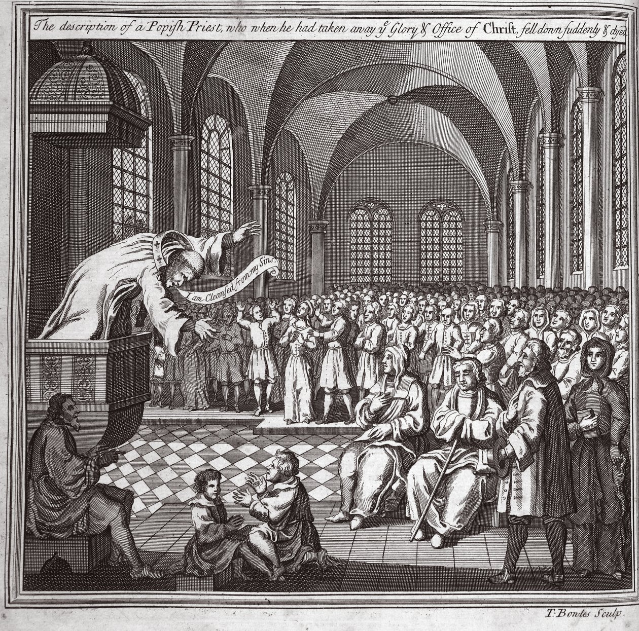 Kuvaus paavilaispapista, joka, kun hän oli ottanut teiltä Kristuksen kunnian ja viran, kaatui yllättäen ja kuoli, kuvitus teoksesta Foxes Martyrs n. 1703 tekijältä English School