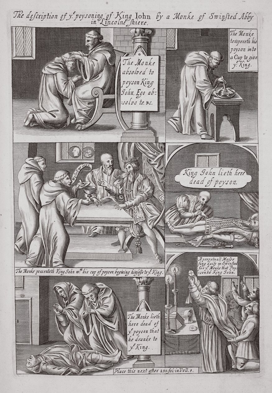 Kuvaus King Johnin myrkyttämisestä Swinstead Abbeyn munkin toimesta Lincolnshiressa, John Foxen kuvitus teoksesta Acts and Monuments, yhdeksäs painos, pubi. 1684 tekijältä English School