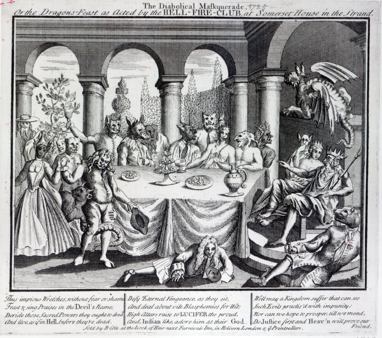 Pirullinen maskquerade tai lohikäärmeiden juhla Hell-Fire-Clubin toimittamana Somerset Housessa Strandissa, n. 1721 tekijältä English School