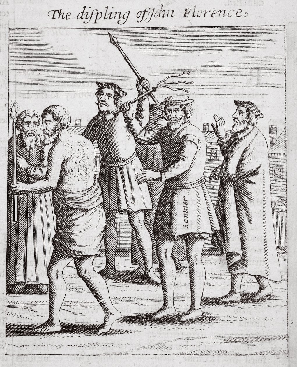 John Florencen syrjäytyminen, kuvitus John Foxen teoksesta Apostolit ja monumentit, yhdeksäs painos, pubi. 1684 tekijältä English School