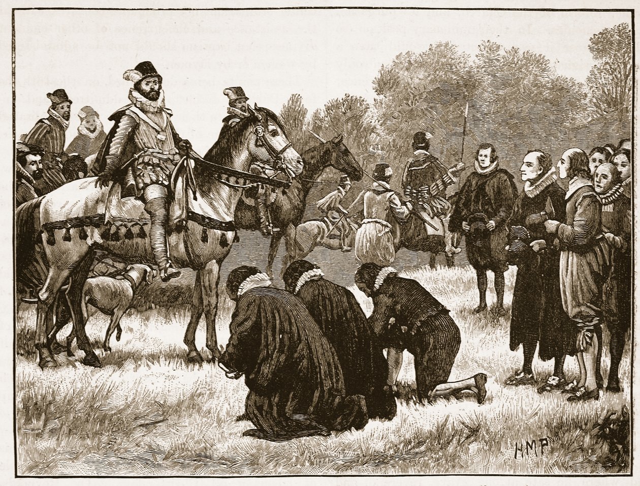 Eriävät jumalat esittävät pyyntönsä Jamesille, kuvitus Cassells Illustrated History of Englandista (seepiakuva) tekijältä English School
