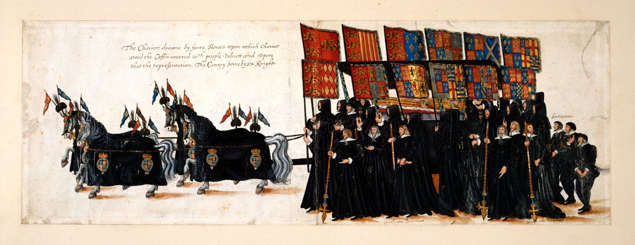 Kuningatar Elisabet I:n hautajaiskulkue Westminster Abbeyyn 28. huhtikuuta 1603. Vaunua vetää neljä hevosta. Arkku on peitetty violetilla sametilla, jonka päällä on kuningattaren hahmo. Katoksen synnyttää kuusi ritaria, herraseläkeläisten kanssa tekijältä English School