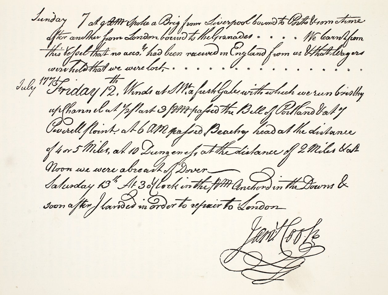 James Cookin käsiala, heinäkuu 1771 tekijältä English School