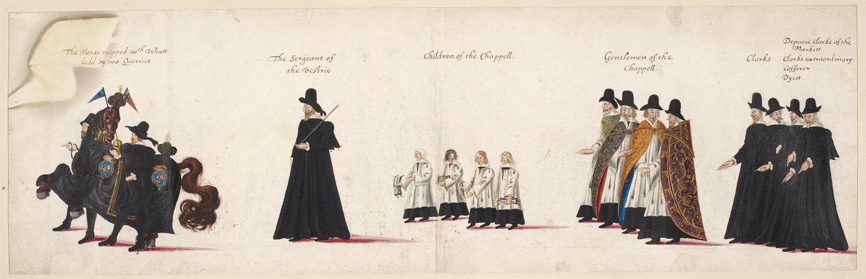 Sametin loukkuun jäänyt hevonen, jota johtaa kaksi hevonen; Vestrien kersantti; Kappelin kuninkaallisen lapset. Osa kuningatar Elisabet I:n hautajaiskulkueesta Westminster Abbeyyn 28. huhtikuuta 1603. tekijältä English School
