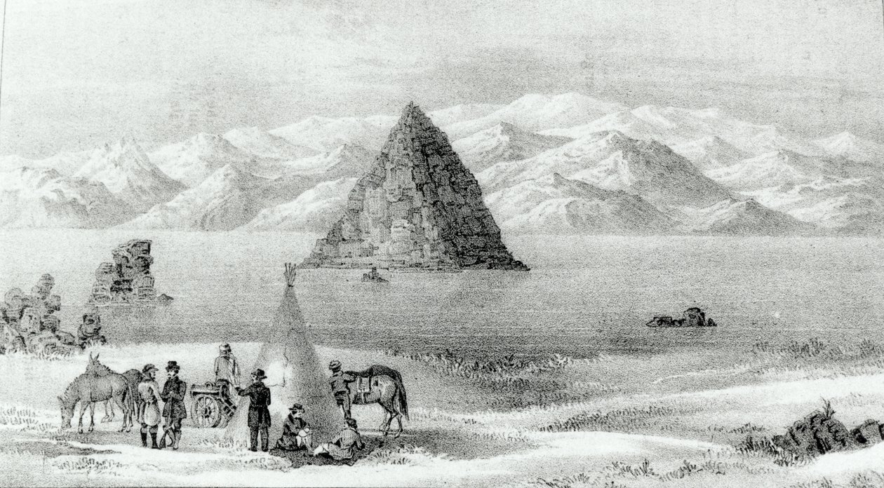 Haupitsi Pyramid Lakella tammikuussa 1844, John C. Fremontin teoksesta Kalliovuorten tutkimusretkikunta vuonna 1842 ja Oregoniin ja Pohjois-Carolinaan vuosina 1843–1844, julkaistu 1845 (valaistu tekijältä English School