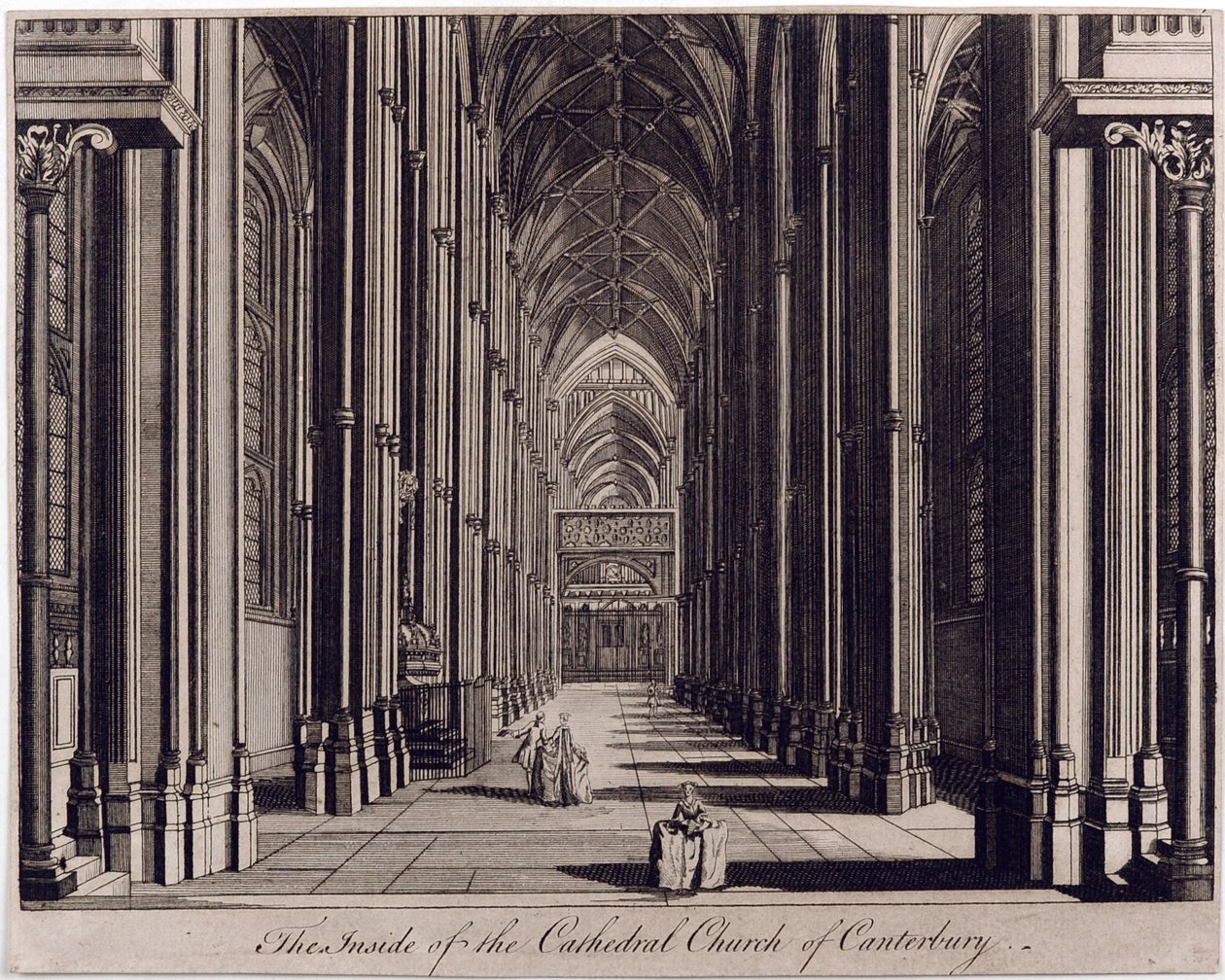 Canterburyn katedraalikirkon sisäpuoli", josta on näkymät laivolle, länsipäästä, n. 1700-43 tekijältä English School